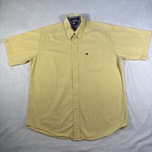 Tommy Hilfiger Men's Large Yellow Short Sleeve Logo Button Down Shirt Cotton
